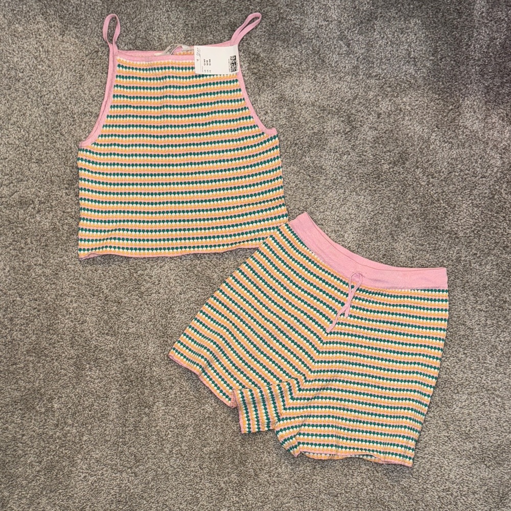 H&M Kids Pink and Green Striped Shorts Set